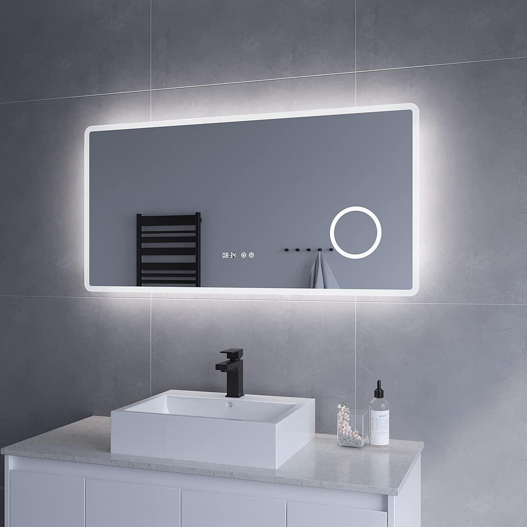 Badezimmerspiegel mit Licht Schminkspiegel Uhrzeit 120x60 cm Badspiegel mit LED Beleuchtung Antibesc