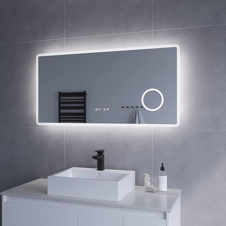 Badezimmerspiegel mit Licht Schminkspiegel Uhrzeit 120x60 cm Badspiegel mit LED Beleuchtung Antibesc
