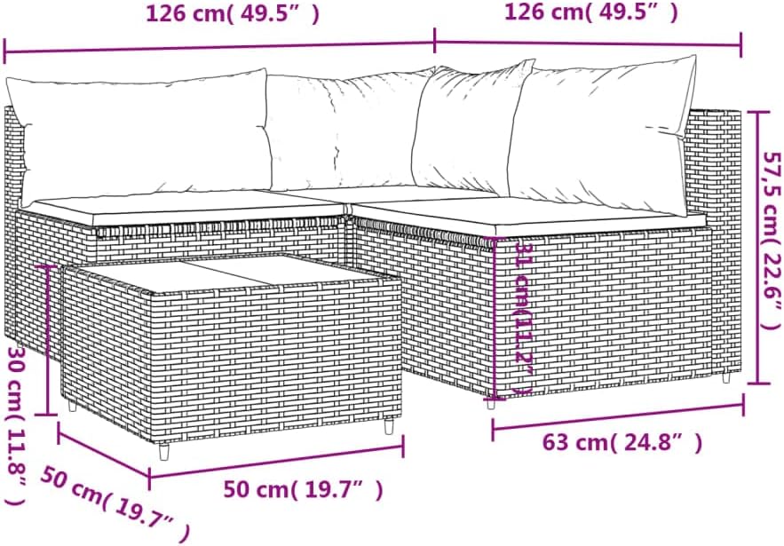 vidaXL Garten Lounge Set 4-TLG., Gartenmöbel Set mit Kissen, Sitzgruppe für Garten Terrasse, Modular