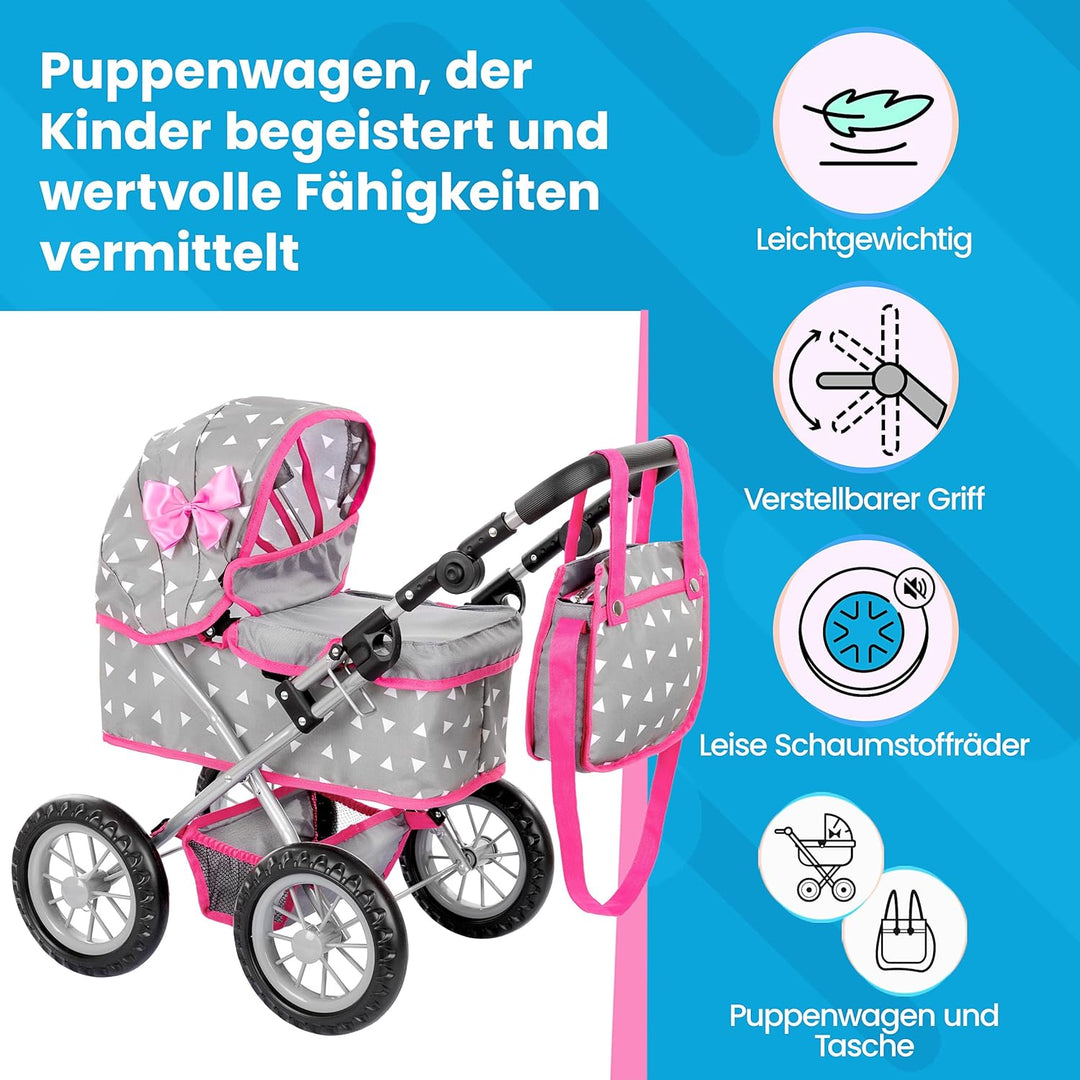 Kinderplay Puppenwagen ab 2 Jahre, Puppenbuggy ab 2 Jahre - Leichte und Stabile Konstruktion, Höhenv