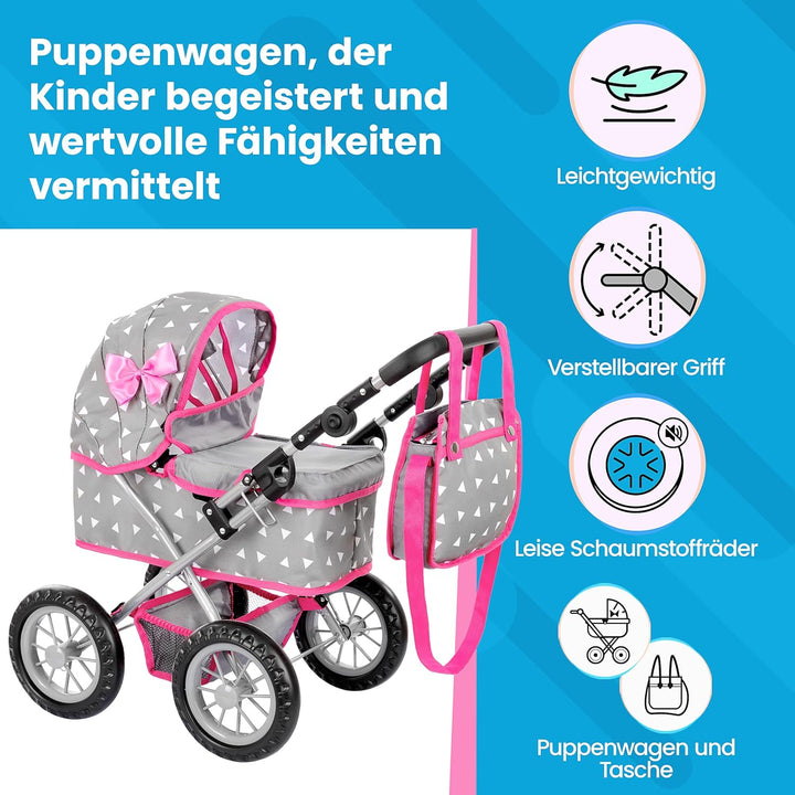 Kinderplay Puppenwagen ab 2 Jahre, Puppenbuggy ab 2 Jahre - Leichte und Stabile Konstruktion, Höhenv