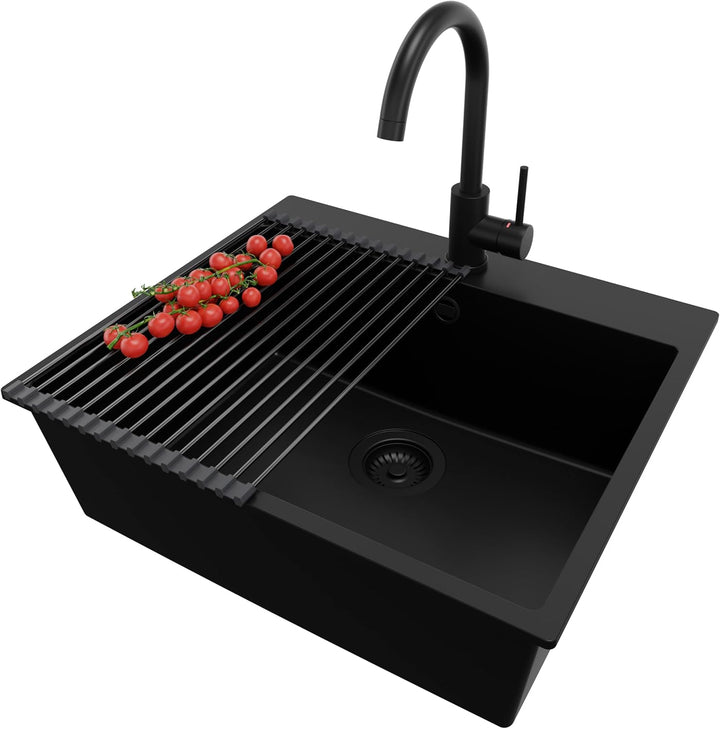 PRIMAGRAN Granitspüle Alles Schwarz 58x50cm, Spülbecken 1 Becken + Ablauf-Set + Küchenarmatur 32x20c