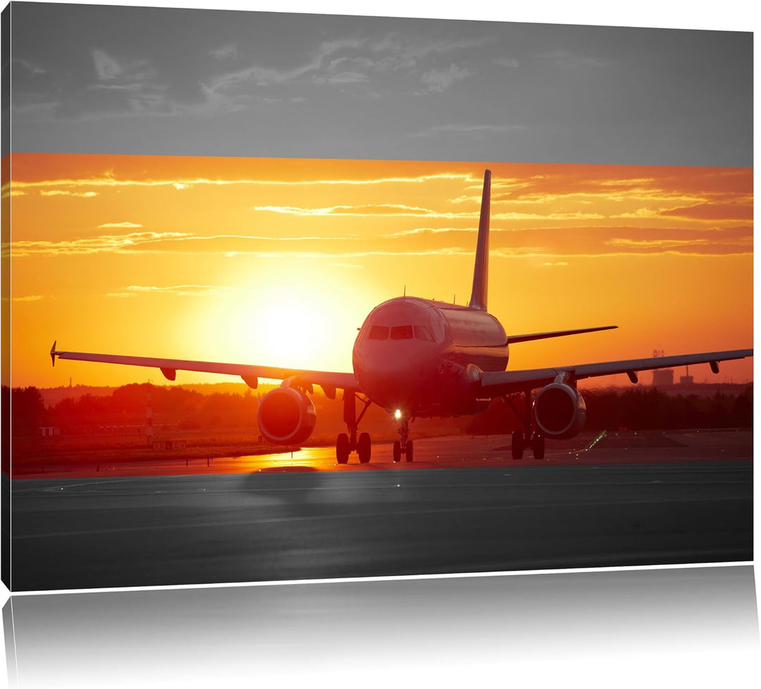 Pixxprint Flugzeug im Sonnenuntergang 100x70cm Leinwandbild Wandbild Kunstdruck, 100x70