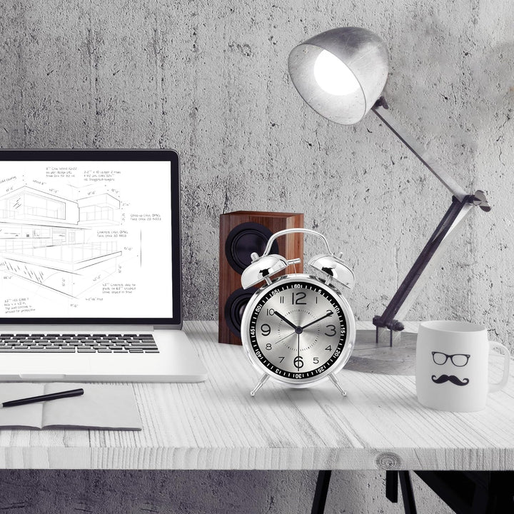 Lafocuse Doppelglockenwecker 16cm Analog Ohne Ticken, Metall Silber Wecker mit Grosses Zifferblatt,