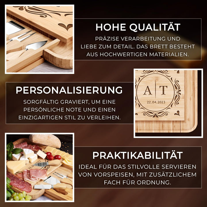 Maverton Käsebrett Servierplatte mit Gravur + 4er Käsemesser Set - aus Holz - 34x34cm - Geschenke fü