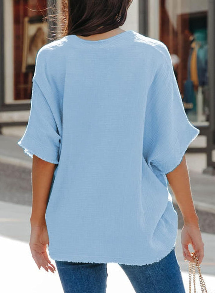 Dokotoo Damen Bluse V-Ausschnitt Musselin Tunika Shirt Oberteil Sommer Kurzarm Locker Longshirt Tops