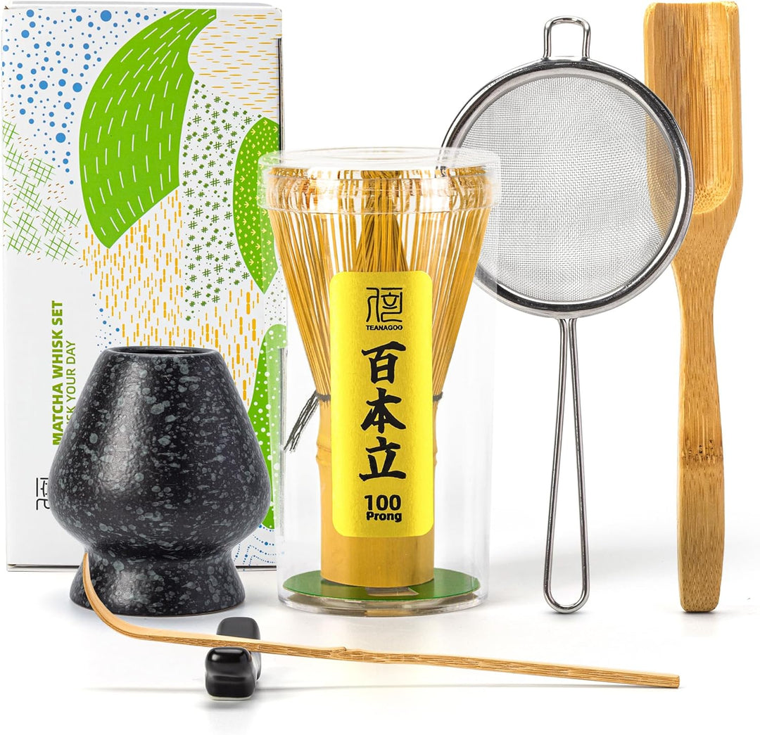 TEANAGOO Matcha Schneebesen Set, Bambus Matcha Schneebesen (100 Zinken) mit Halter, 6-PCS Traditione