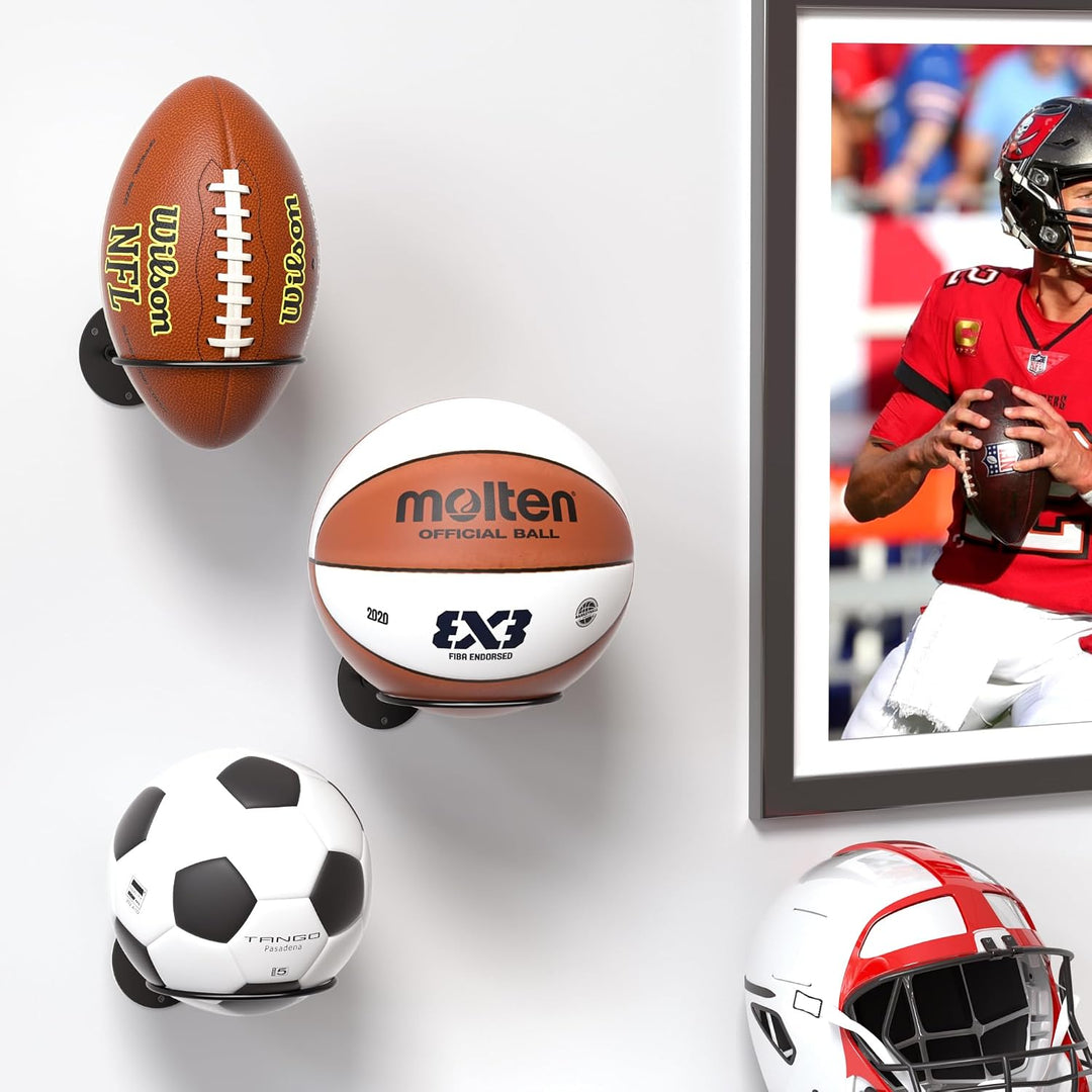 4er-Set Ball Display Halter Wandhalterung: Schwarzer Aufbewahrungsständer für Basketball, Rugby, Fus