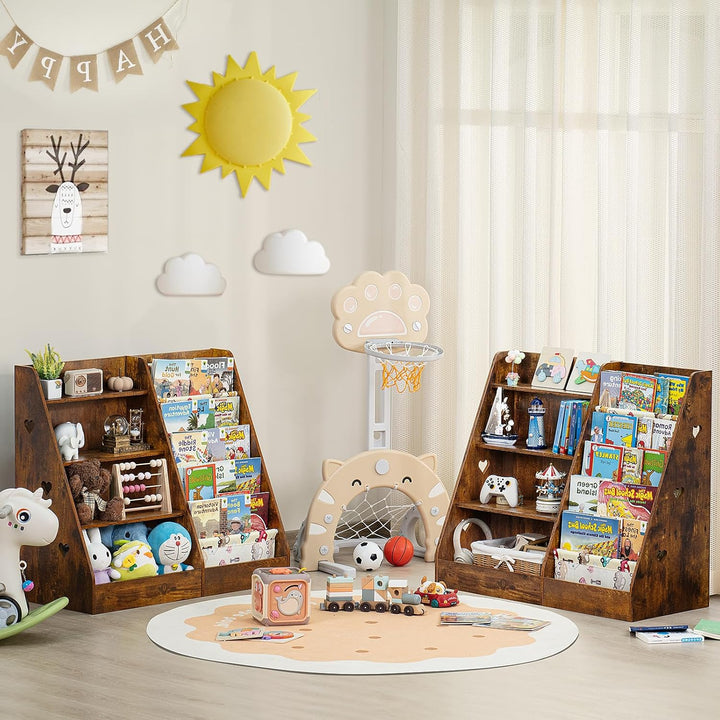 Kinder Bücherregal mit 5 Bücherdisplays und 4 Ablagefächer, Gross Braun Kinderregal Büchergestell fü