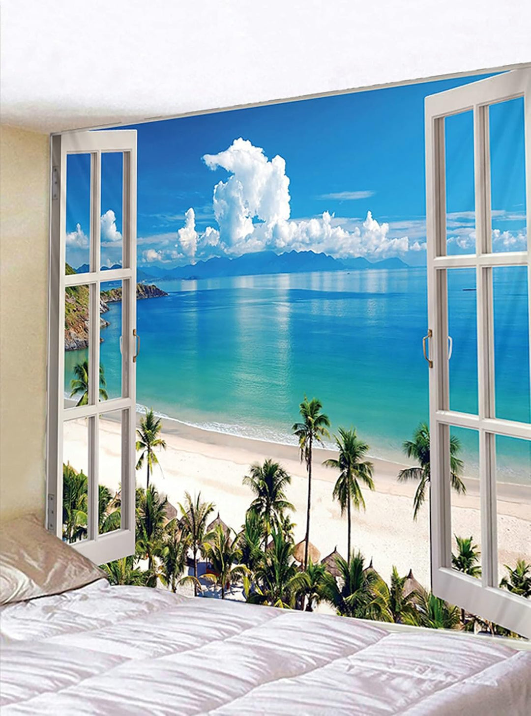 Gualiy Wandteppich 260 x 240 cm, Meer Strand Palme Fenster Landschaft Wandbehang Wandtuch Ozean Tapi
