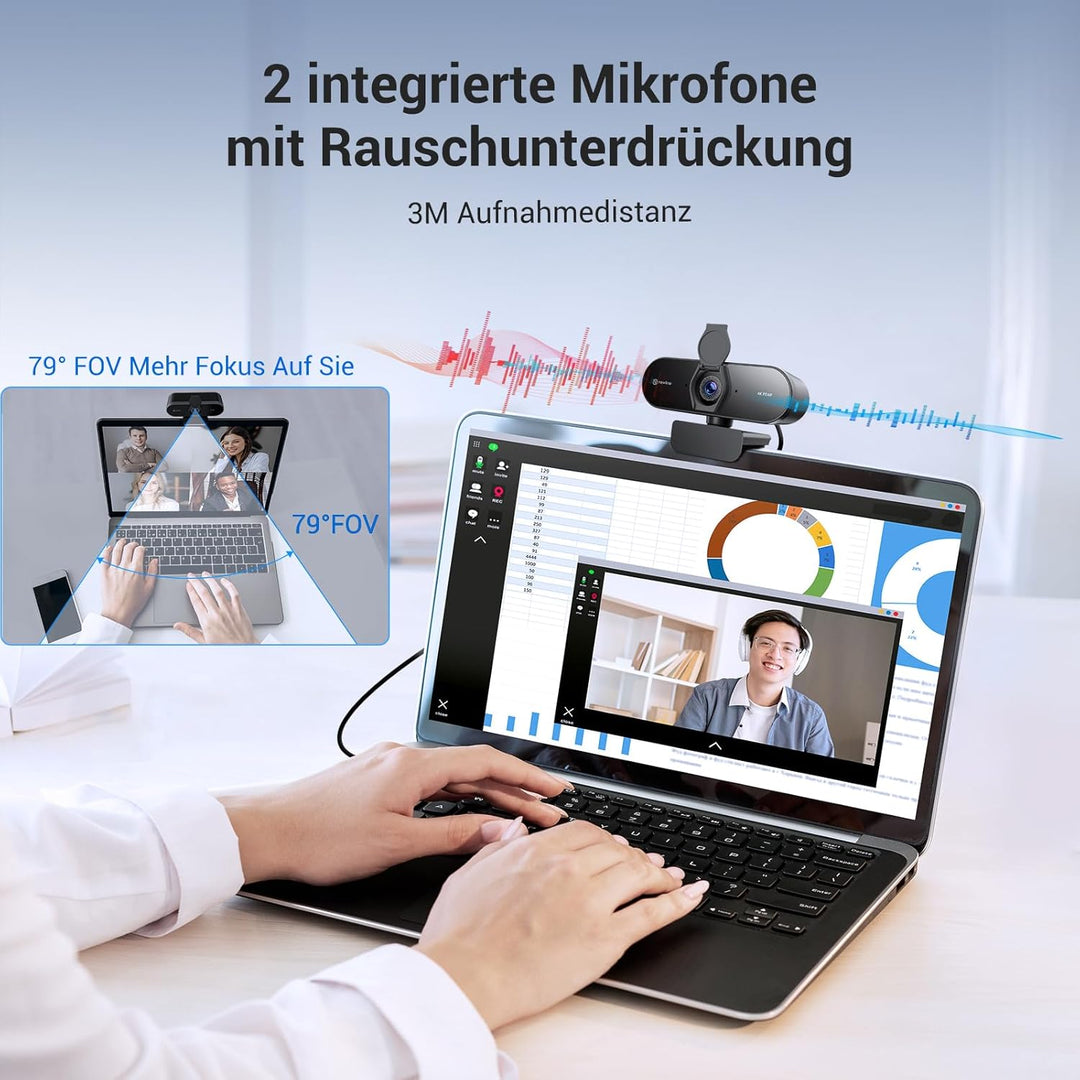 4k Webcam mit 2 Mikros, 12 Megapixel, Sofortiger Dual PDAF/CDAF-Autofokus, 1080p@60FPS, Klar Stereo-