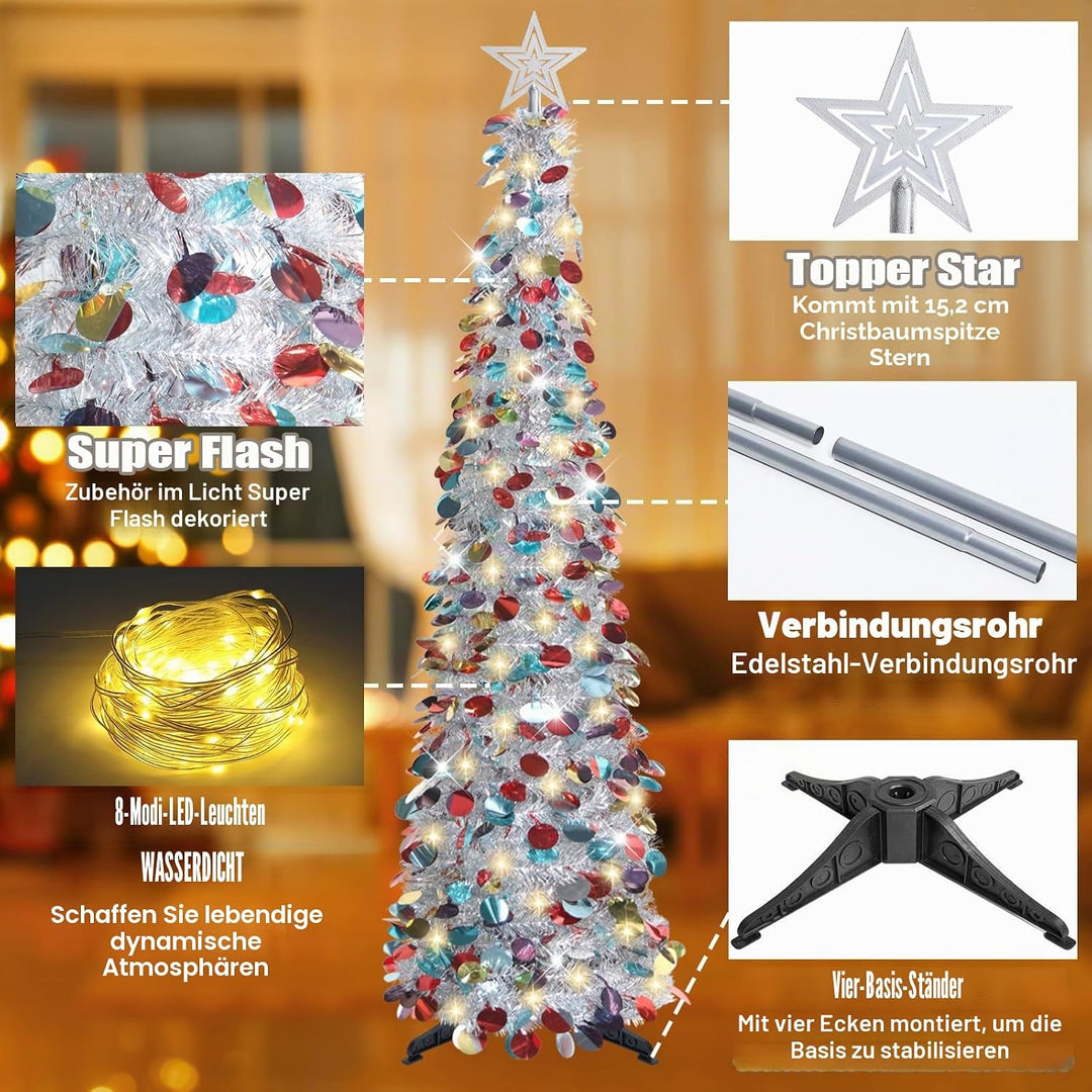HMASYO 150 cm Pop-Up Lametta Weihnachtsbaum mit 50 Timer-Lichtern, Buntes Silber Zusammenklappbarer