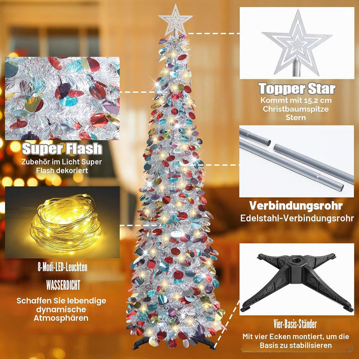 HMASYO 150 cm Pop-Up Lametta Weihnachtsbaum mit 50 Timer-Lichtern, Buntes Silber Zusammenklappbarer