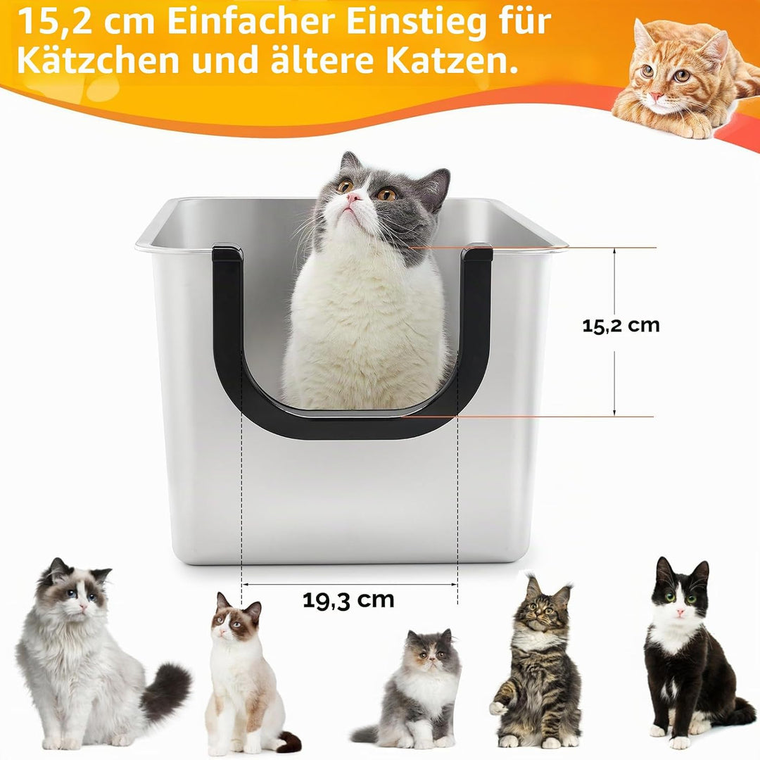 Yangbaga Grosse Katzenklo Edelstahl XXL:Offenes Katzentoilette mit Hohem Rand,Katzenklo Metall für G