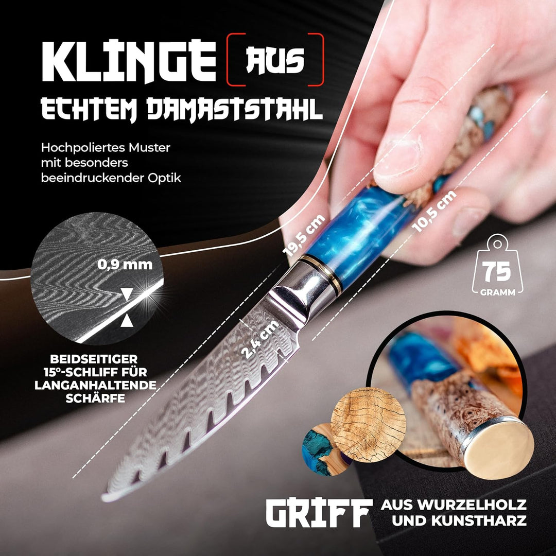 Tsume Schälmesser Saphir, Klingenlänge 9cm, Echtes Damast Küchenmesser, 67 Schichten VG10 Edelstahlk