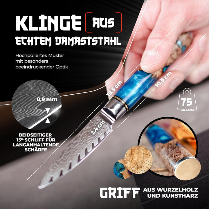 Tsume Schälmesser Saphir, Klingenlänge 9cm, Echtes Damast Küchenmesser, 67 Schichten VG10 Edelstahlk