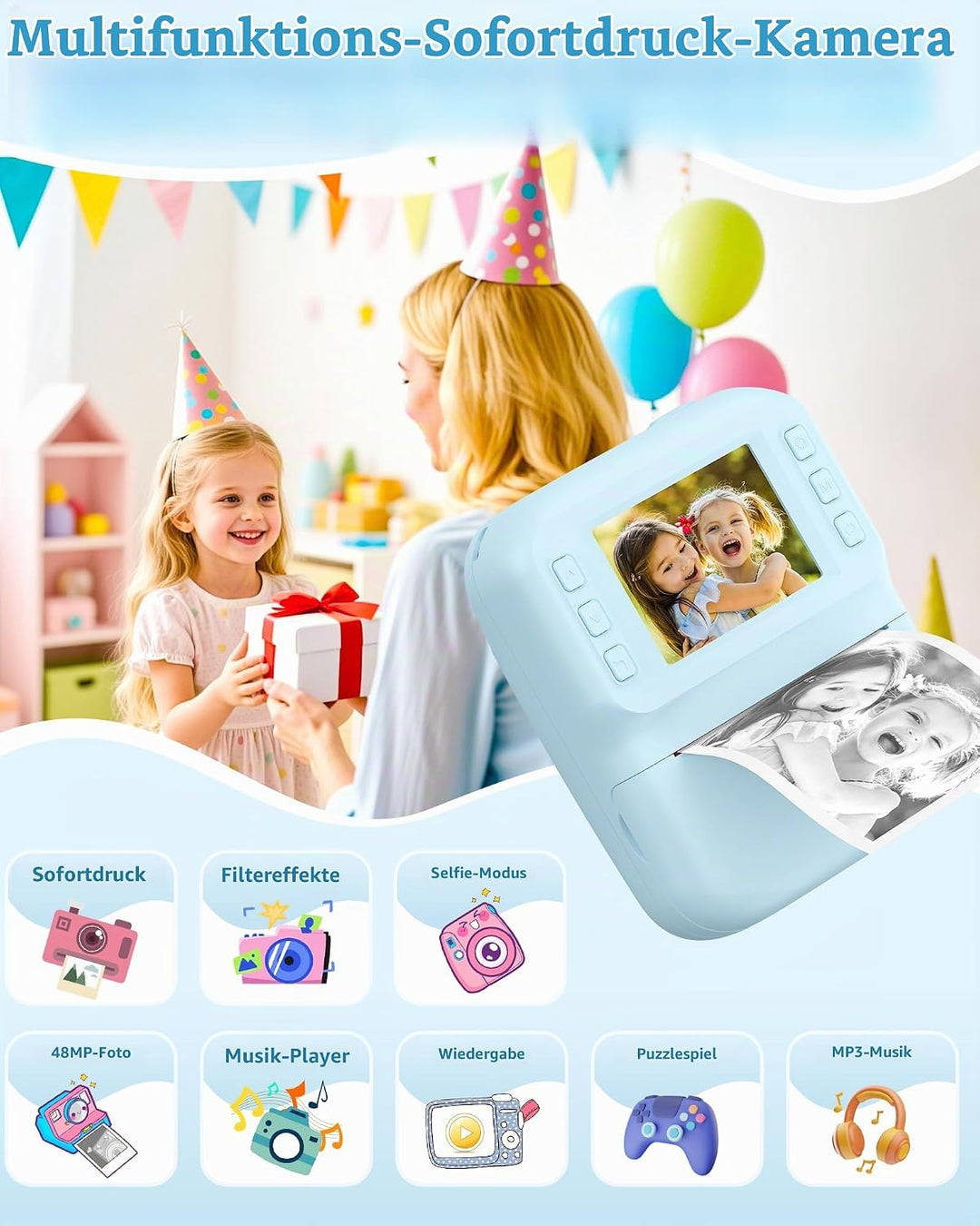 Sofortbildkamera Kinder 48MP, 1080P Video Kinderkamera mit Sofortdruck, 2,4 Zoll IPS Spielzeug Kamer