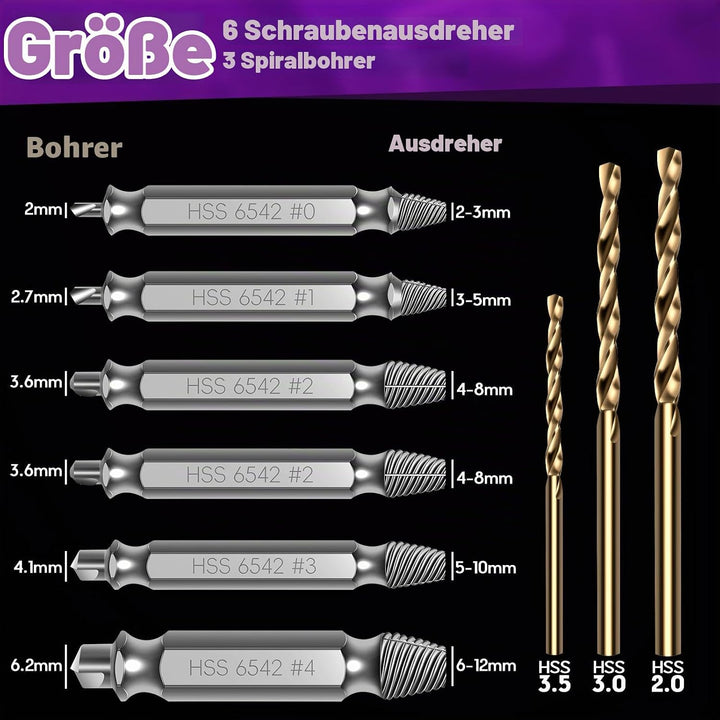 6 Stück Schraubenausdreher Set mit 3 Spiralbohrer, Härtegrad HRC 63-65, Hergestellt aus HSS 6542, Li