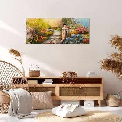 Wandbilder Dekoration Wohnzimmer Garten Blumen Sommer Panorama Bilder auf Leinwand 120x50cm Leinwand