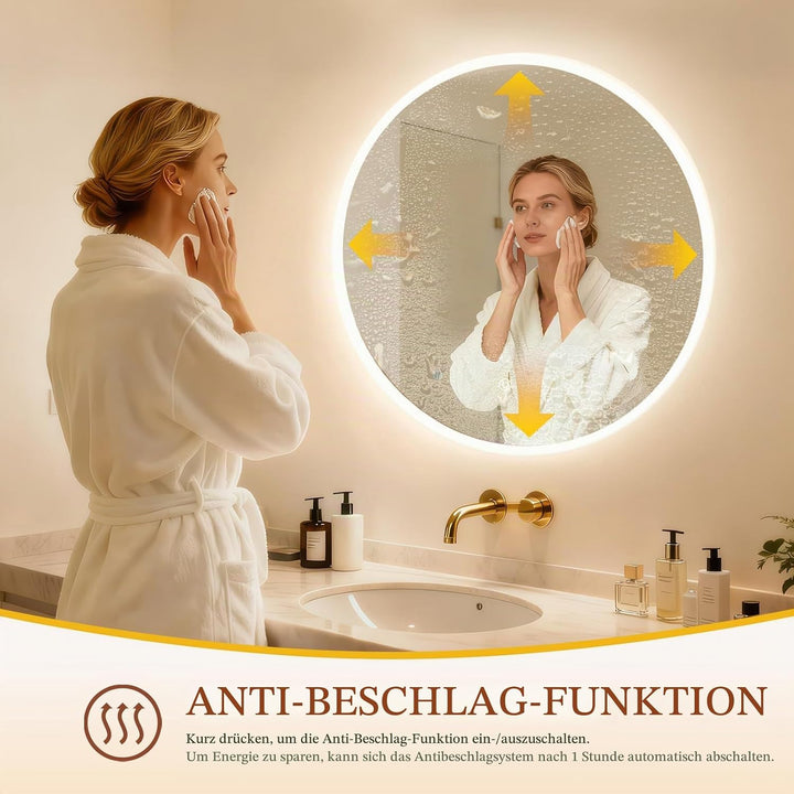 Clevich Badspiegel mit Beleuchtung rund 60 cm, LED Spiegel mit 3 Lichtfarben dimmbar, gehärtetes Gla