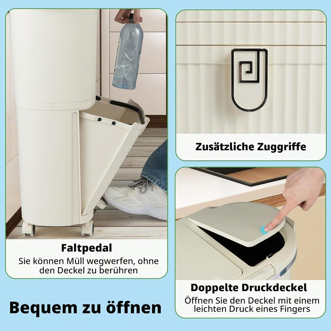 LIFEZEAL 38L / 42L Mülleimer auf Rädern, Abfalleimer mit 3 Fächern & Deckel, Tretmülleimer mit Griff
