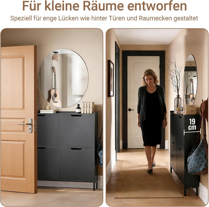 SoBuy Schuhschrank schmal mit 4 Klappen platzsparender Schuhkipper Hoch Kommode mit 4 Ablagen Schuhr