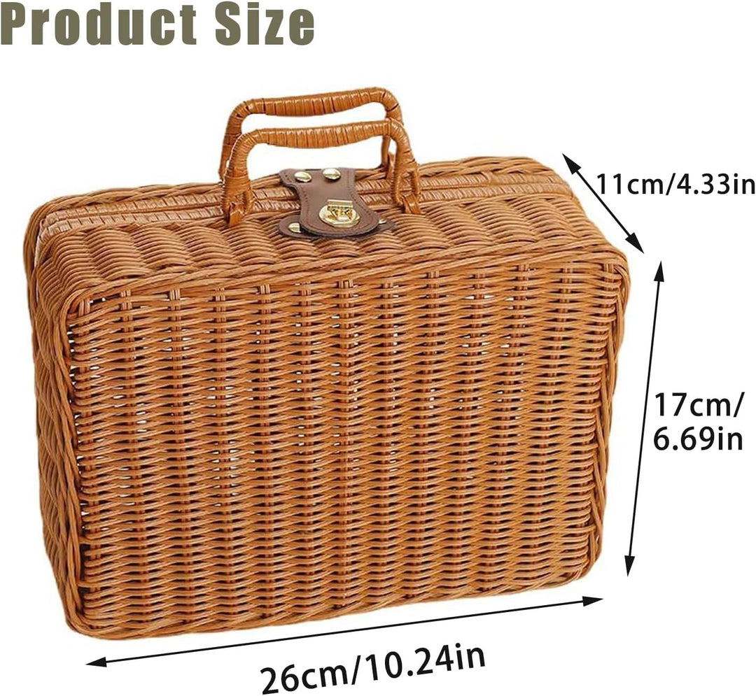 Geflochtener Rattan-Koffer Aufbewahrungskorb mit Griff, Gewebte Picknickbox, Handgewebt, mit Metalls
