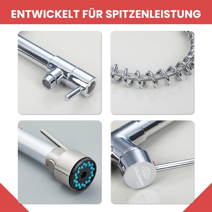 Küchenarmatur Einhebelmischer, Ausziehbar, Edelstahl 304, 2 Wassermodi (Spray/Durchfluss), 360° dreh