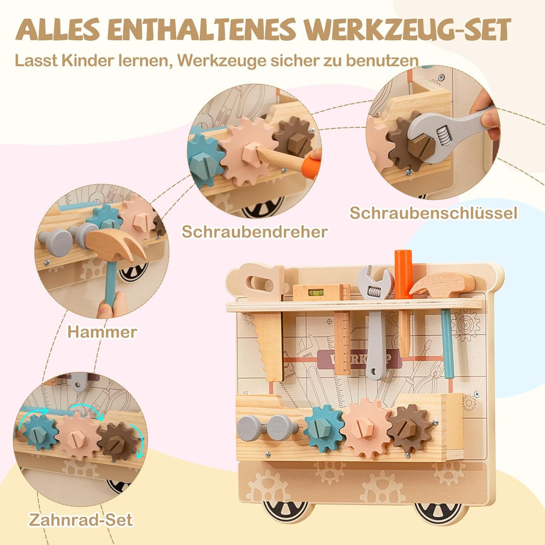 COSTWAY Montessori Motorikbrett, 5-in-1 Busy Board mit Schminkset, Werkzeugkasten, Spielküche, Arzts