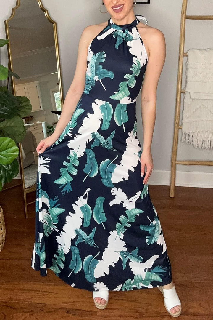 STYLEWORD Damen Neckholder Elegant Sommerkleid Ärmellos Blumenkleid Maxikleid Lange Strandkleid M Fl