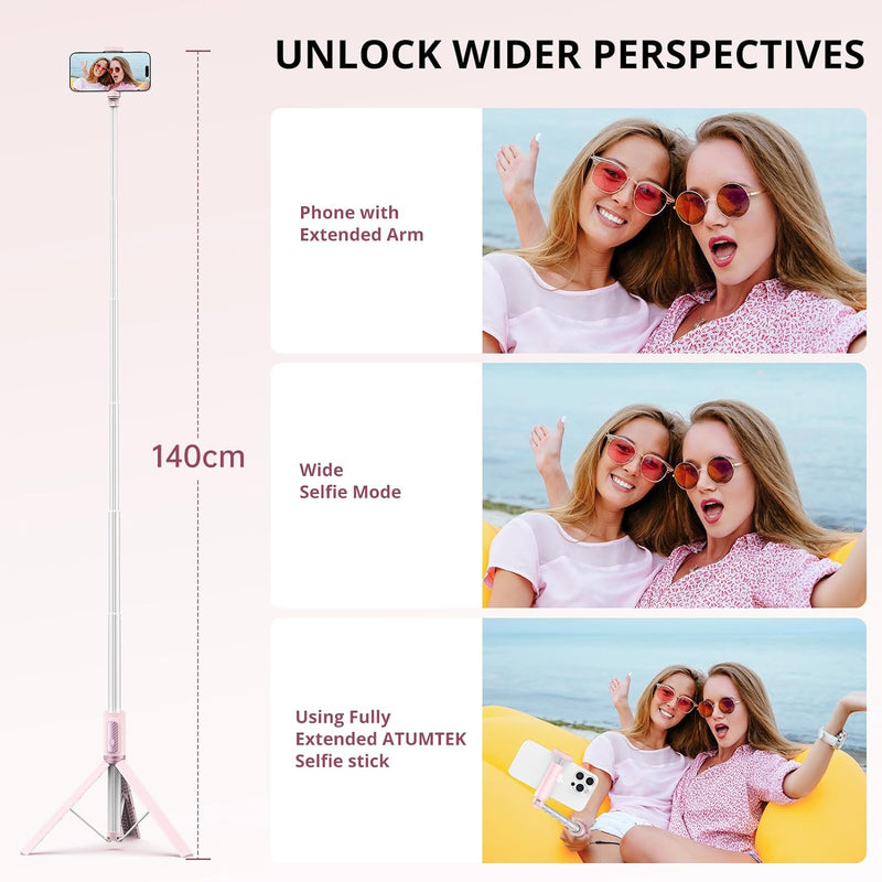 ATUMTEK Bluetooth 140CM Selfie-Stick Stativ Ausziehbares All-in-One-Telefonstativ aus Aluminium mit