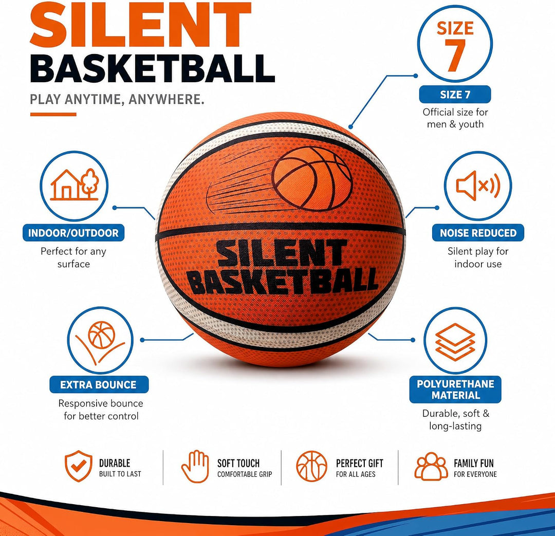 Grösse 7 Silent-Basketball mit Stoffbezug – Rutschfester PU-Schaum, hohe Sprungkraft &amp; realistisches