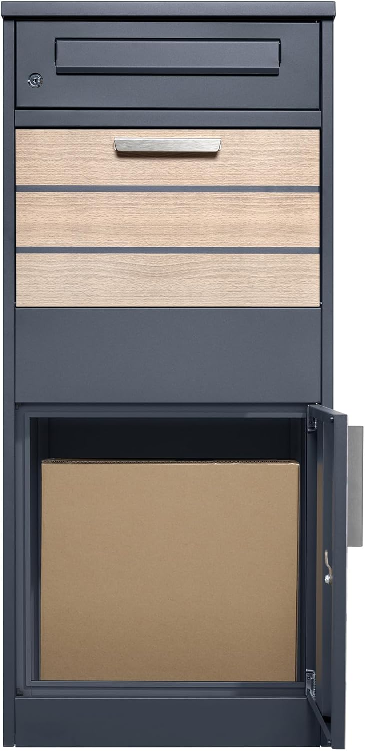 Zelsius Briefkasten mit Paketfach Terra | pulverbeschichteter Stahl mit Elementen in Holzoptik | RAL