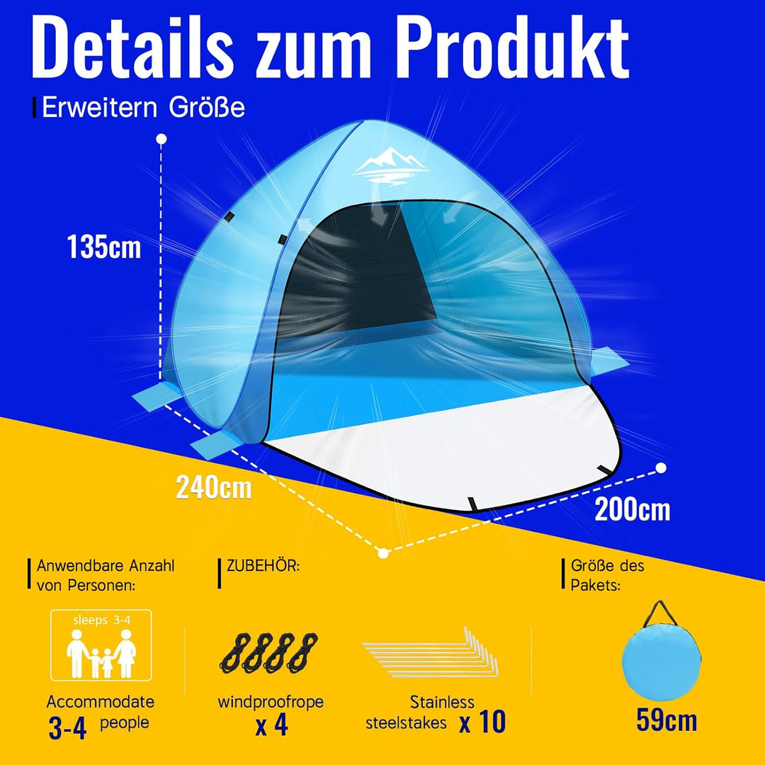 Strandmuschel Pop Up Strandzelt 3-4 Personen, Pop Up Strandmuschel mit Reissverschlusstür UV-Schutz