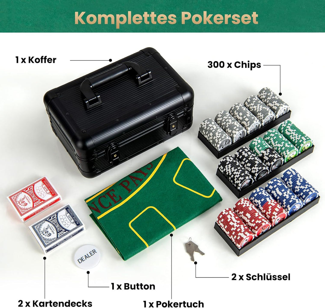COSTWAY Pokerset mit 300 Laser-Chips, Pokerkoffer mit 2 Spielkarten, Dealer Button & 2 Schlüsseln, P