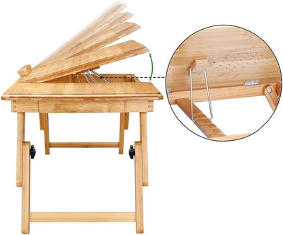 Casaria Laptoptisch Bambus Höhenverstellbar mit Schublade Belüftet Neigbar Faltbar Laptopständer Bet
