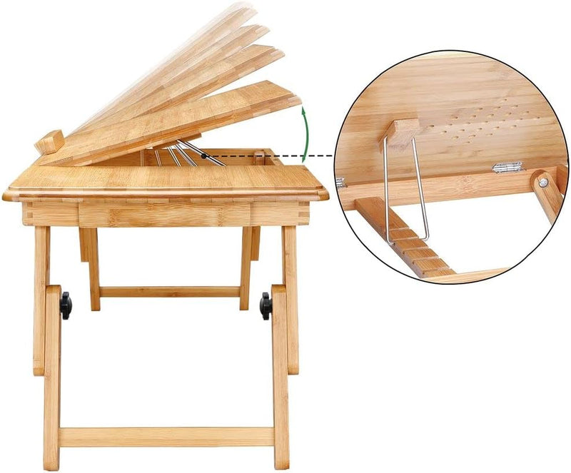 Casaria Laptoptisch Bambus Höhenverstellbar mit Schublade Belüftet Neigbar Faltbar Laptopständer Bet