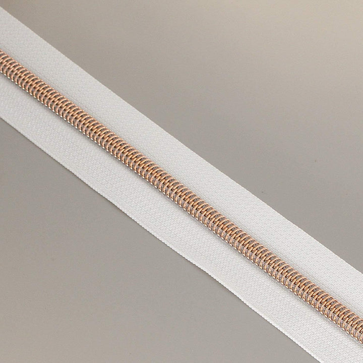 5# Nylon-Reissverschlüsse Meterware 10 Yards Roségold Metallic-Zähne Weisses Klebeband mit 25 Stück