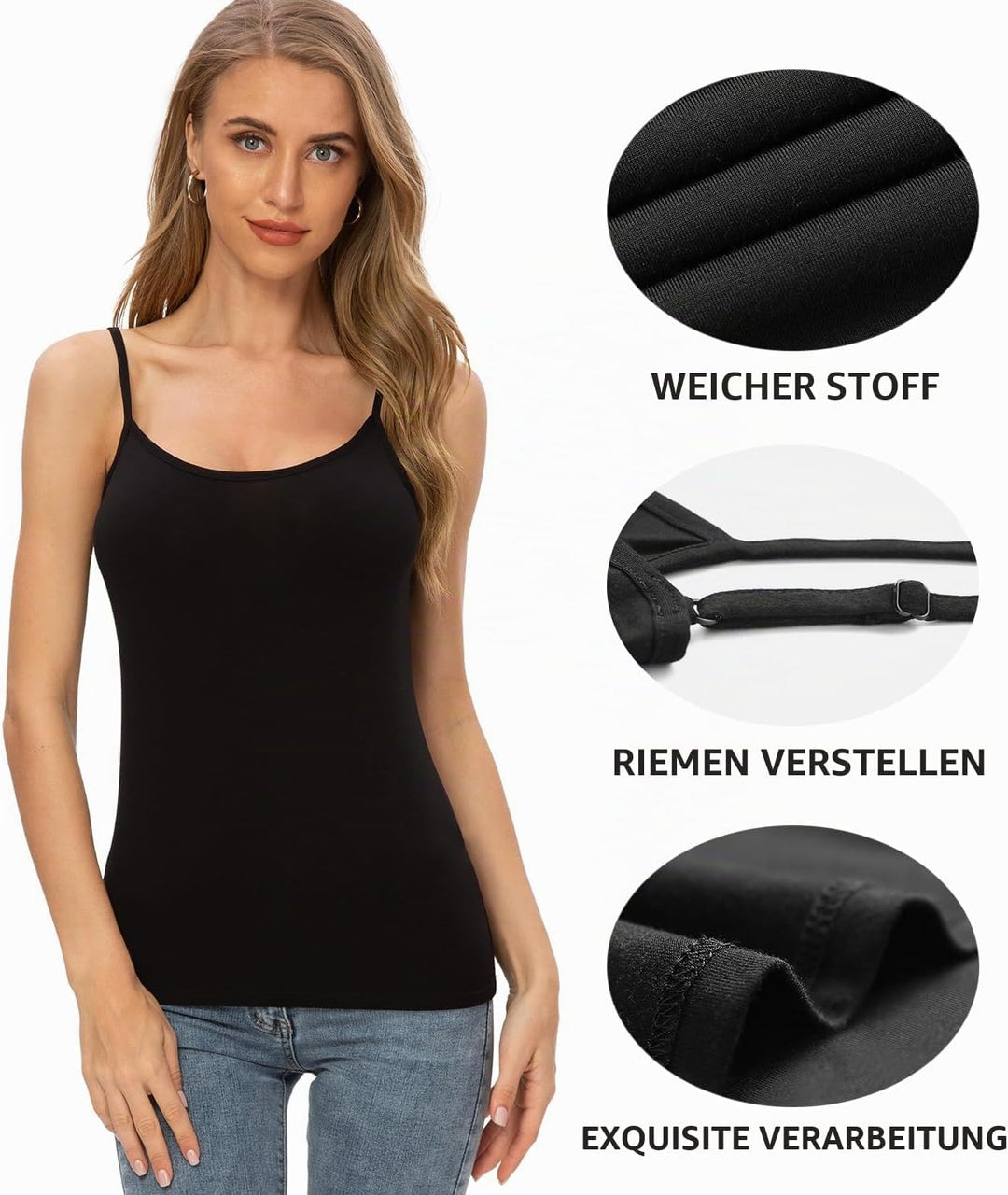 Knuffnee Damen Unterhemden Verstellbare Spaghetti Tops Basic Cami Tank Top 4er Pack, Schwarz/Grau/Du
