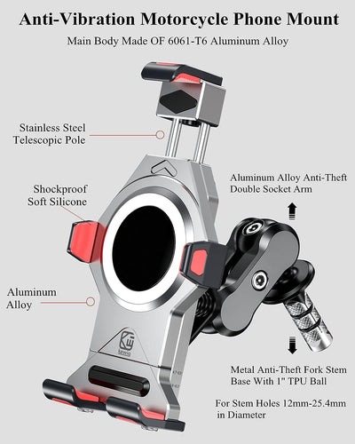 BRCOVAN Aluminiumlegierung Motorrad Gabelschaft Handyhalterung mit Vibrationsdämpfer und Sicherheits