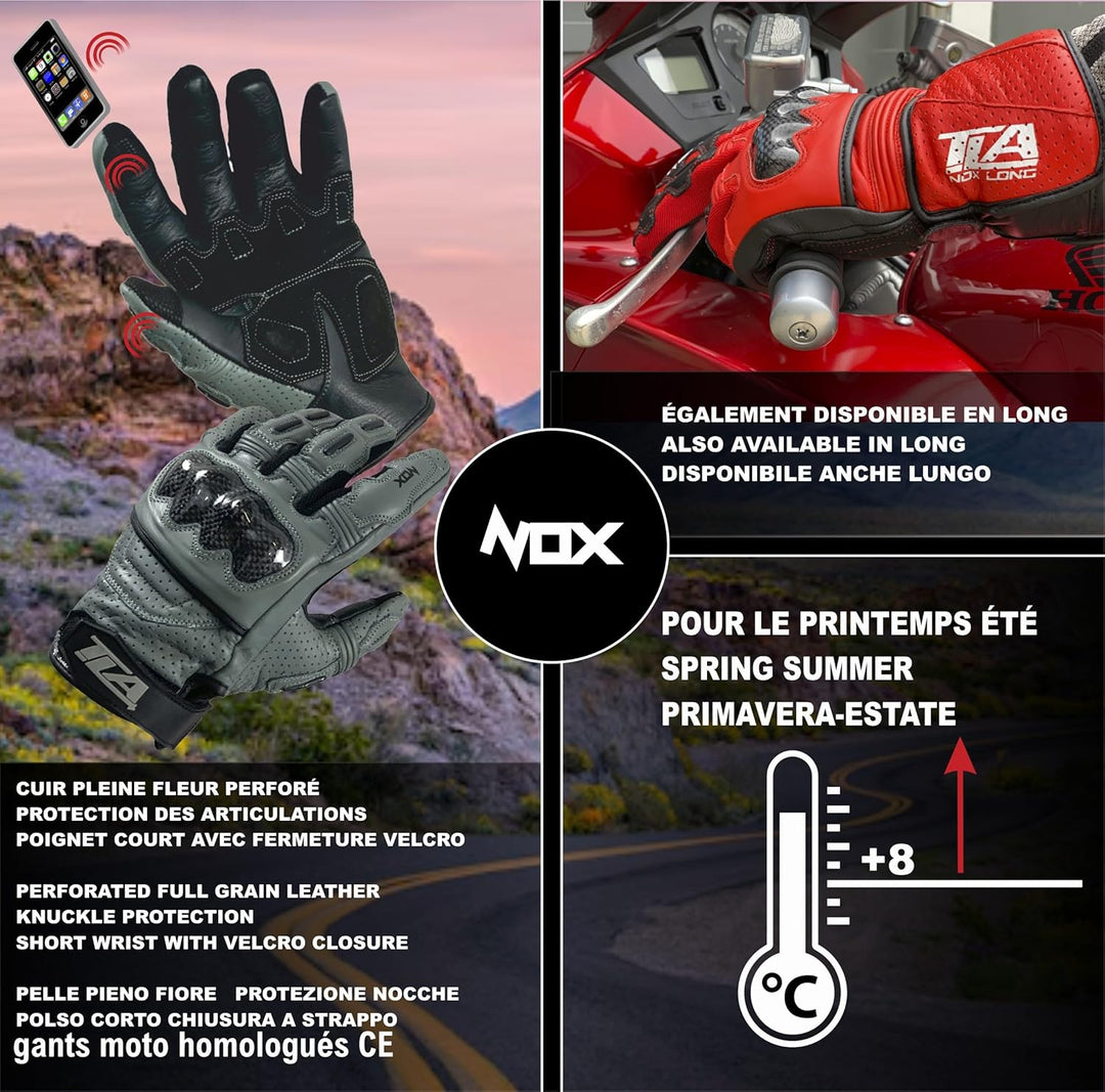 TLA NOX Leder-Motorradhandschuhe mit CE-geprüftem Knöchelschutz, Grössen bis 4XL für Männer und Frau