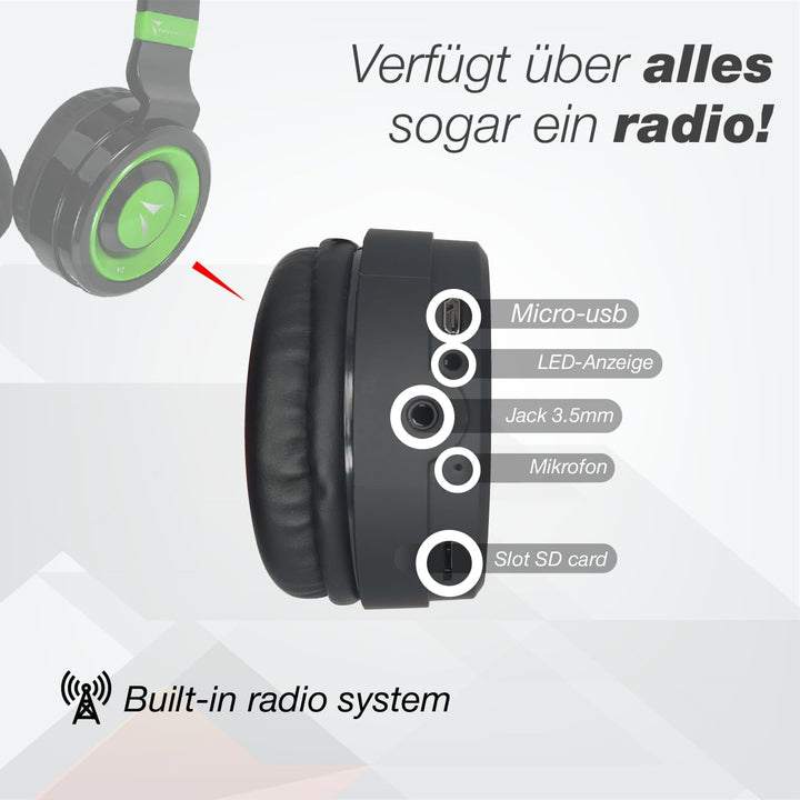 Techmade TM-046 Bluetooth-Kopfhörer – Faltbar, Over-Ear, Mikrofon, FM-Radio, SD-Karten-Slot, Grün