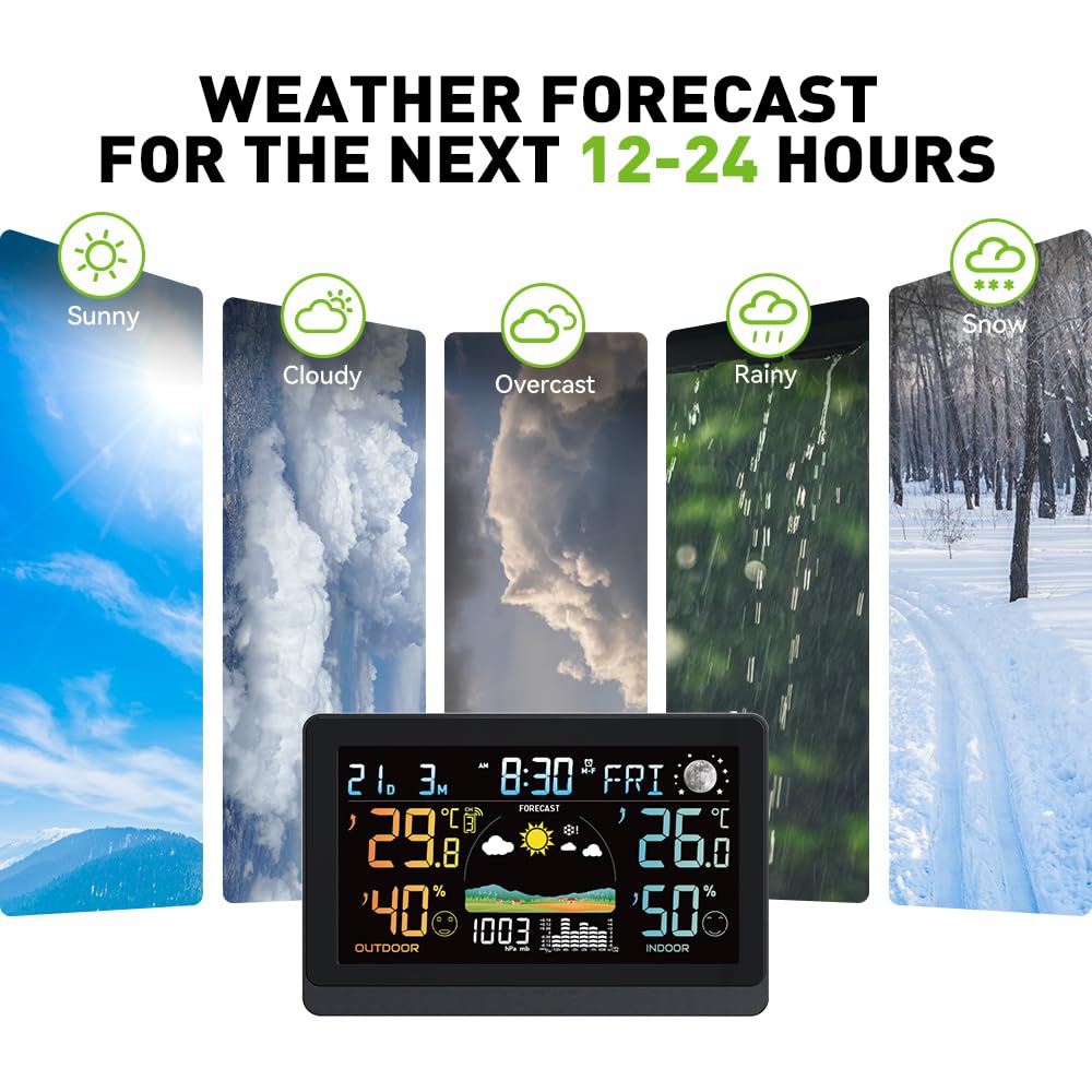 DC Grosse Wetterstation für den Innen- und Aussenbereich, kabellos, Display VA von 7,5 Zoll, Farbe m