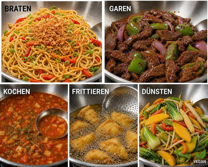 ⌀30 cm Wok Pfanne aus Edelstahl, unbeschichtet & langlebig, 3-lagiges Material für optimale Wärmever