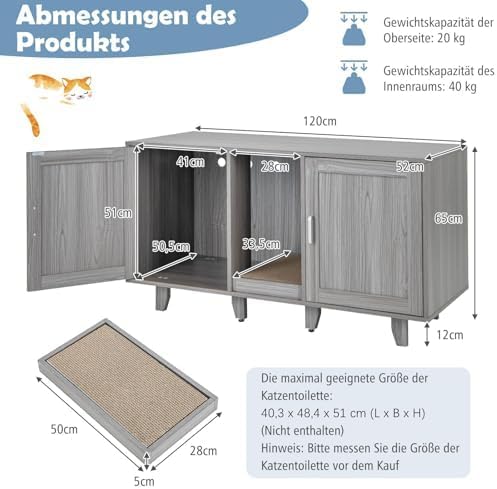 FANTASK Katzenschrank mit 2 Türen & Kratzbrett & Eingang, Katzenmöbel Beistelltisch für 2 Katzen, 12