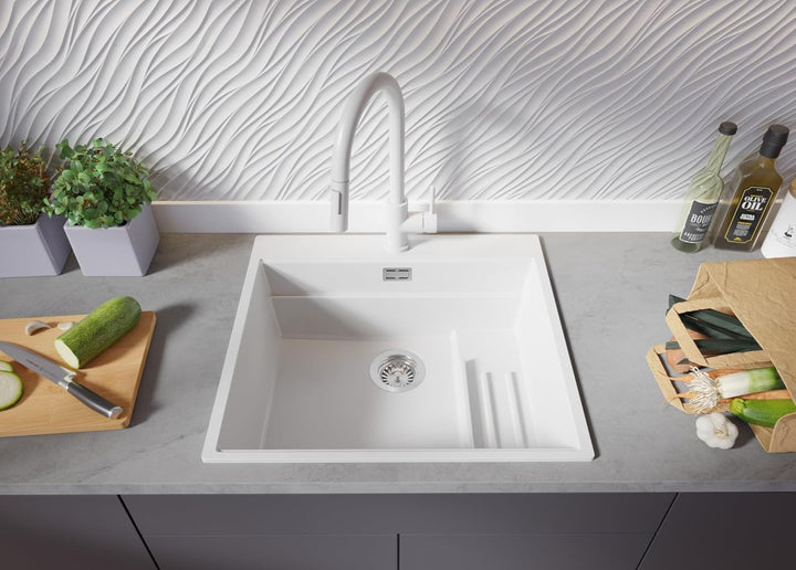 PRIMAGRAN Spülbecken Weiss 58x53cm, Granitspüle 1 Becken + Ablauf-Set, Küchenspüle ab 60er Unterschr