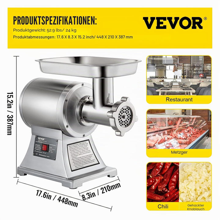 VEVOR Elektrischer Fleischwolf 850 W, Hackfleisch Maschine 150 kg pro Stunde, Elektrische Wurstmasch