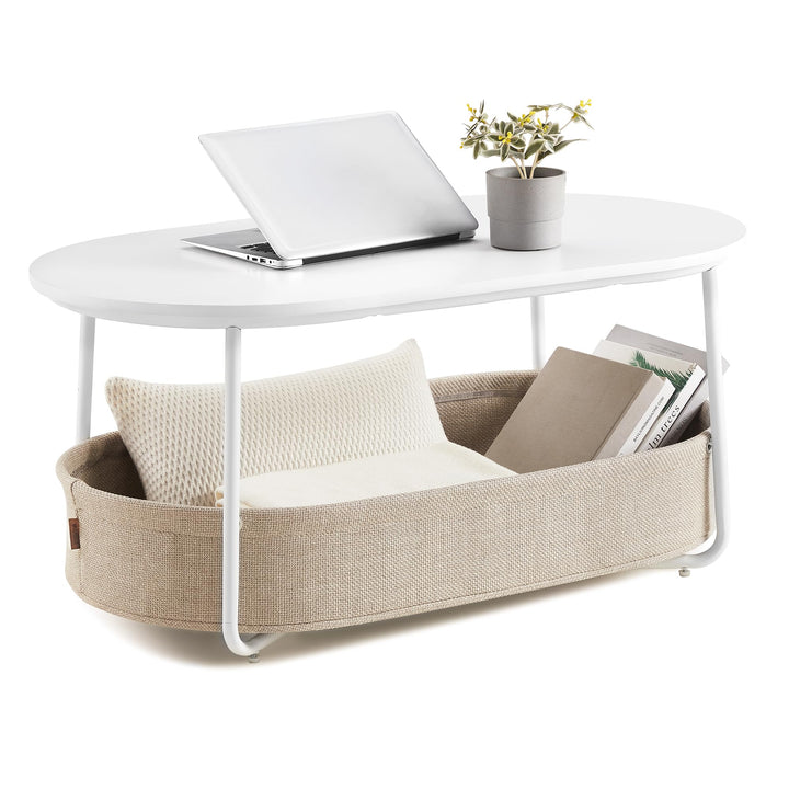 VASAGLE Couchtisch oval, Tisch mit Stauraum, Beistelltisch, Wohnzimmertisch mit Korb aus Stoff, mode