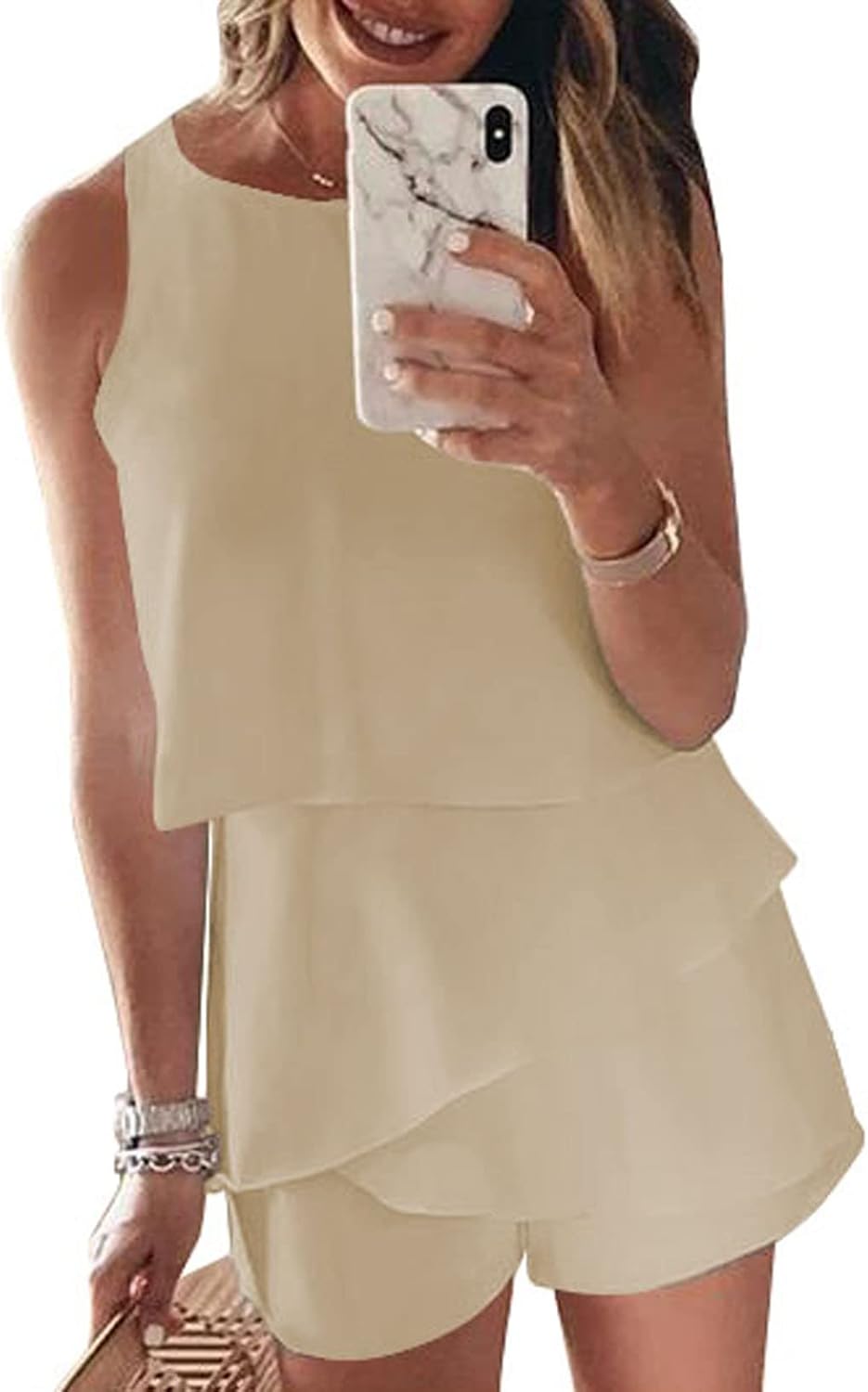 Maavoki Jumpsuit Damen Elegant Sommer Ärmellos Overall mit Rüschen Frauen Oberteile Top und Kurze Ho