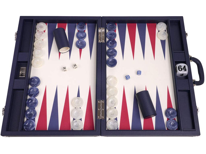 Wycliffe Brothers 53,3 cm Turnier Backgammon-Set - blauer Koffer mit Vanillefeld - Masters Edition